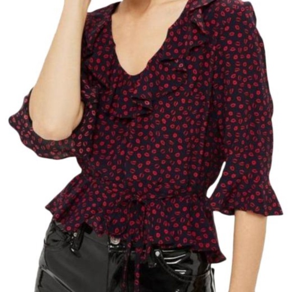 TOPSHOP blue red valentine lips blouse   US Size 6 - Picture 1 of 13